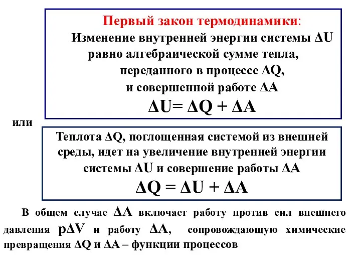 Первый закон термодинамики: Изменение внутренней энергии системы ΔU равно алгебраической сумме