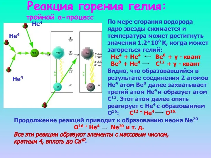 Реакция горения гелия: тройной α-процесс По мере сгорания водорода ядро звезды