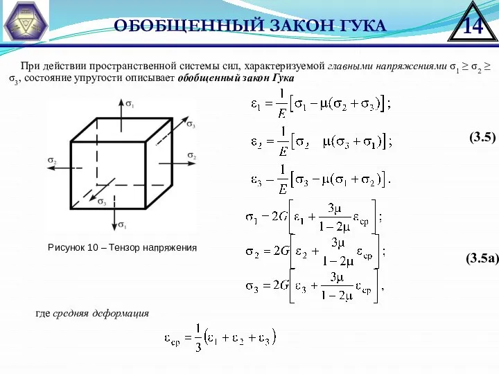 ОБОБЩЕННЫЙ ЗАКОН ГУКА При действии пространственной системы сил, характеризуемой главными напряжениями