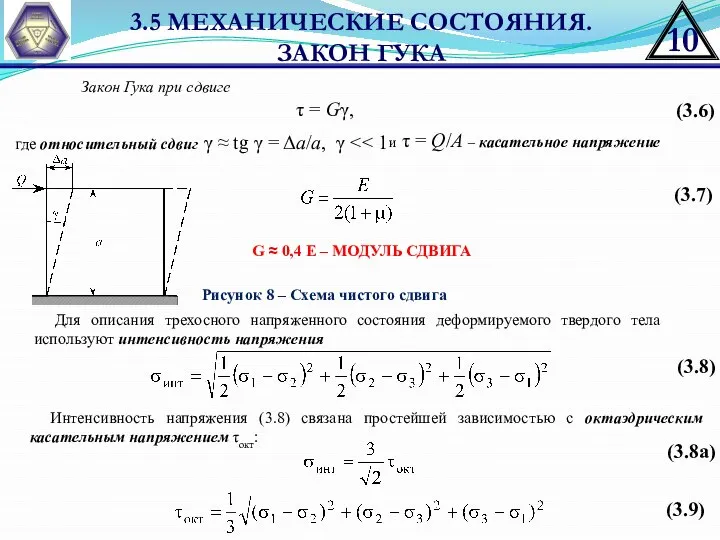 3.5 МЕХАНИЧЕСКИЕ СОСТОЯНИЯ. ЗАКОН ГУКА (3.6) τ = Gγ, Закон Гука