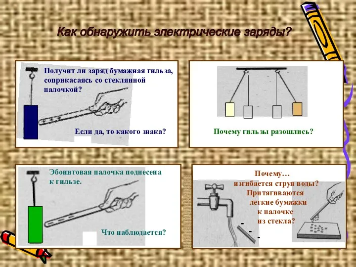 Как обнаружить электрические заряды? Почему гильзы разошлись? Почему… изгибается струя воды?