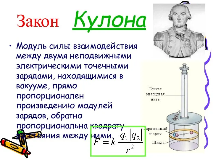 Закон Кулона Модуль силы взаимодействия между двумя неподвижными электрическими точечными зарядами,