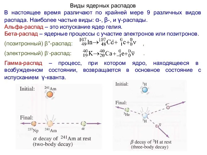 Виды ядерных распадов В настоящее время различают по крайней мере 9