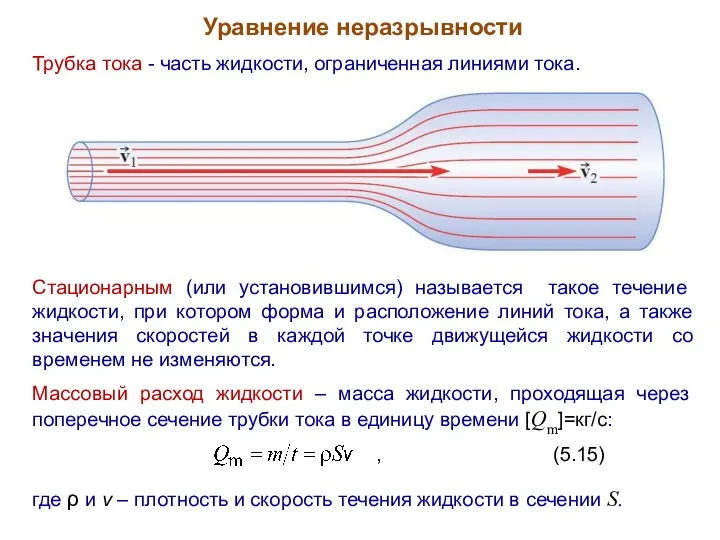 Уравнение неразрывности Трубка тока - часть жидкости, ограниченная линиями тока. Стационарным