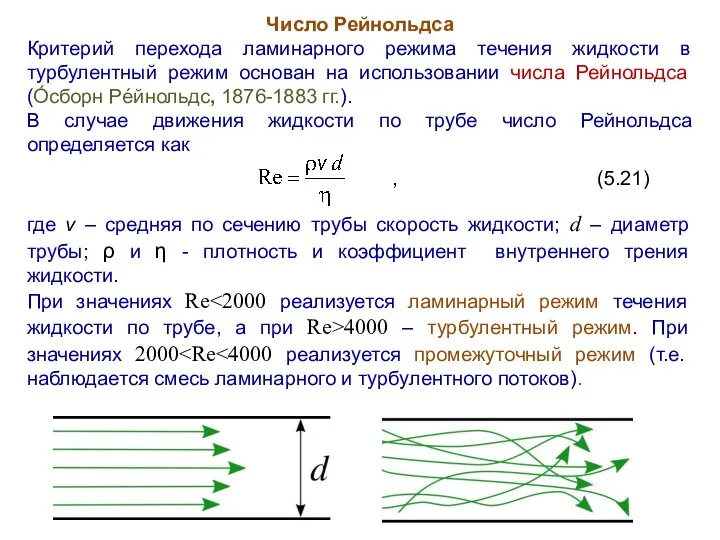 Число Рейнольдса Критерий перехода ламинарного режима течения жидкости в турбулентный режим