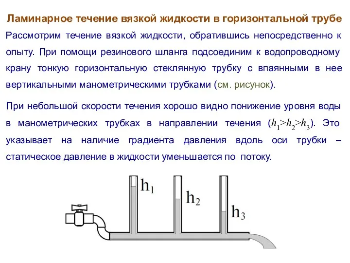 Ламинарное течение вязкой жидкости в горизонтальной трубе Рассмотрим течение вязкой жидкости,