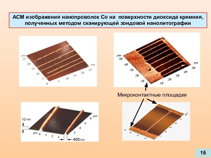 АСМ изображения нанопроволок Со на поверхности диоксида кремния, полученных методом сканирующей зондовой нанолитографии Микроконтактные площадки 16