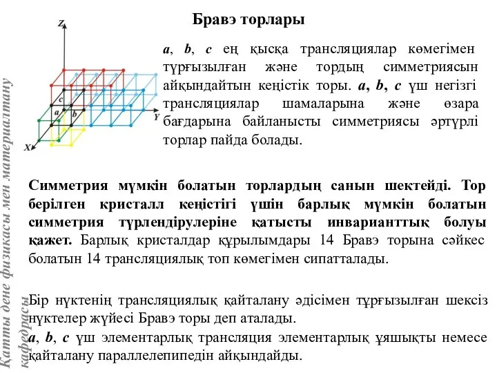 a, b, c ең қысқа трансляциялар көмегімен түрғызылған және тордың симметриясын