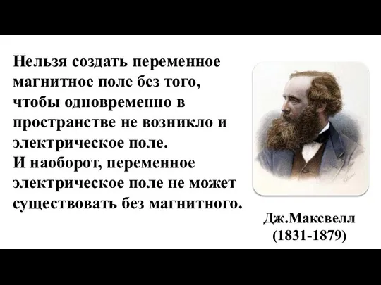 Дж.Максвелл (1831-1879) Нельзя создать переменное магнитное поле без того, чтобы одновременно