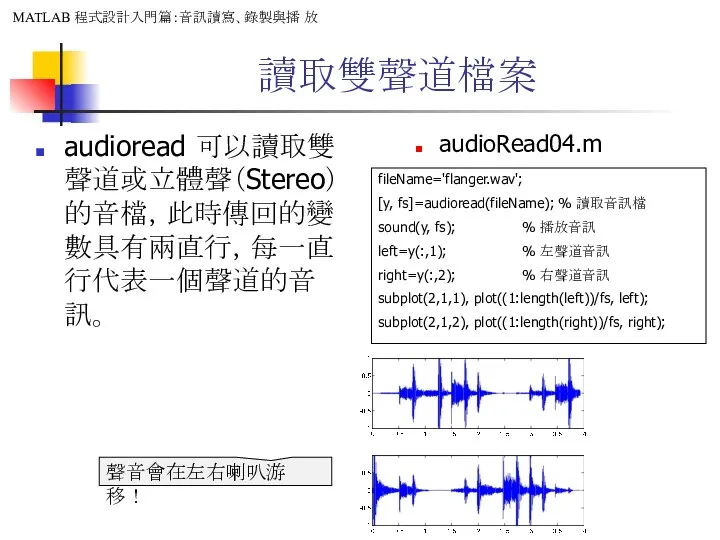 讀取雙聲道檔案 audioread 可以讀取雙聲道或立體聲（Stereo）的音檔，此時傳回的變數具有兩直行，每一直行代表一個聲道的音訊。 audioRead04.m fileName='flanger.wav'; [y, fs]=audioread(fileName); % 讀取音訊檔 sound(y, fs);