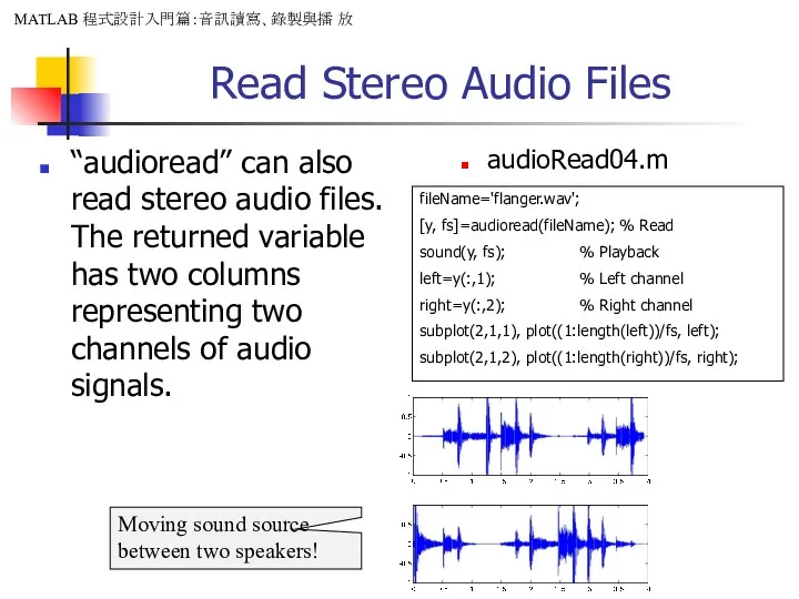 Read Stereo Audio Files “audioread” can also read stereo audio files.