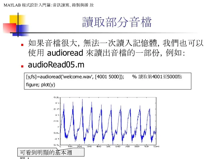 讀取部分音檔 如果音檔很大，無法一次讀入記憶體，我們也可以使用 audioread 來讀出音檔的一部份，例如： audioRead05.m [y,fs]=audioread('welcome.wav', [4001 5000]); % 讀取第4001至5000點 figure; plot(y) 可看到明顯的基本週期！