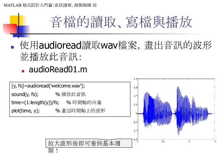 音檔的讀取、寫檔與播放 使用audioread讀取wav檔案，畫出音訊的波形並播放此音訊： audioRead01.m [y, fs]=audioread('welcome.wav'); sound(y, fs); % 播放此音訊 time=(1:length(y))/fs; %