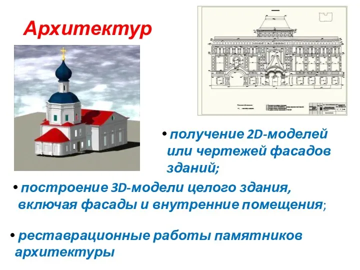 Архитектура: получение 2D-моделей или чертежей фасадов зданий; построение 3D-модели целого здания,