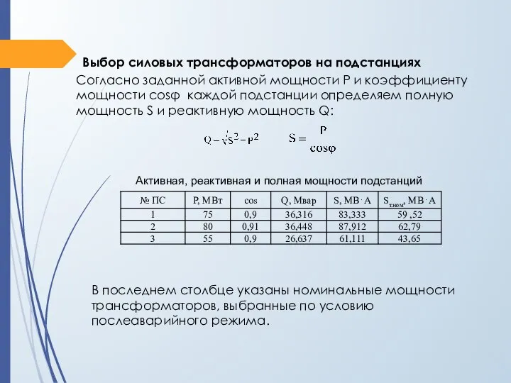 Выбор силовых трансформаторов на подстанциях Согласно заданной активной мощности Р и