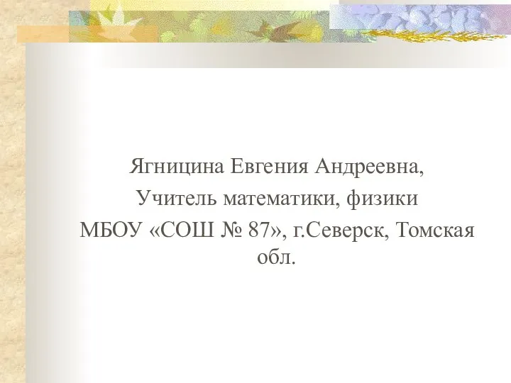 Ягницина Евгения Андреевна, Учитель математики, физики МБОУ «СОШ № 87», г.Северск, Томская обл.