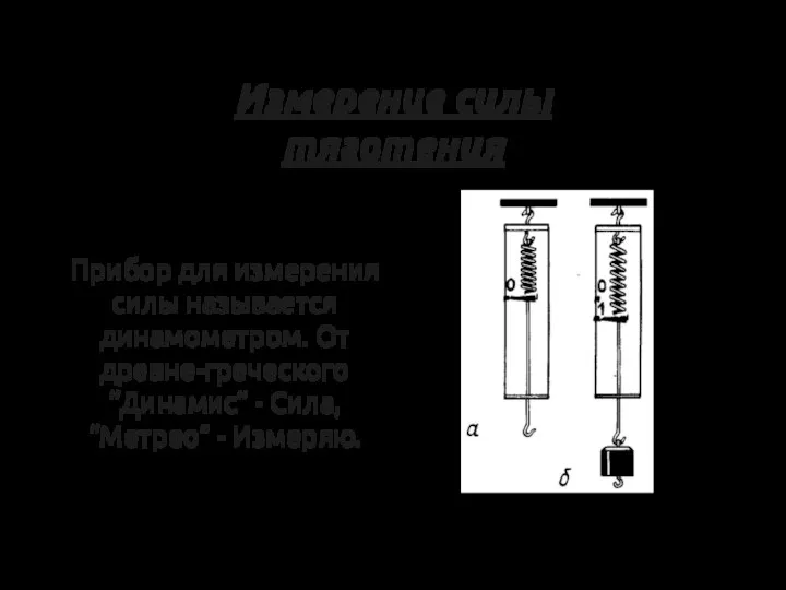 Измерение силы тяготения Прибор для измерения силы называется динамометром. От древне-греческого