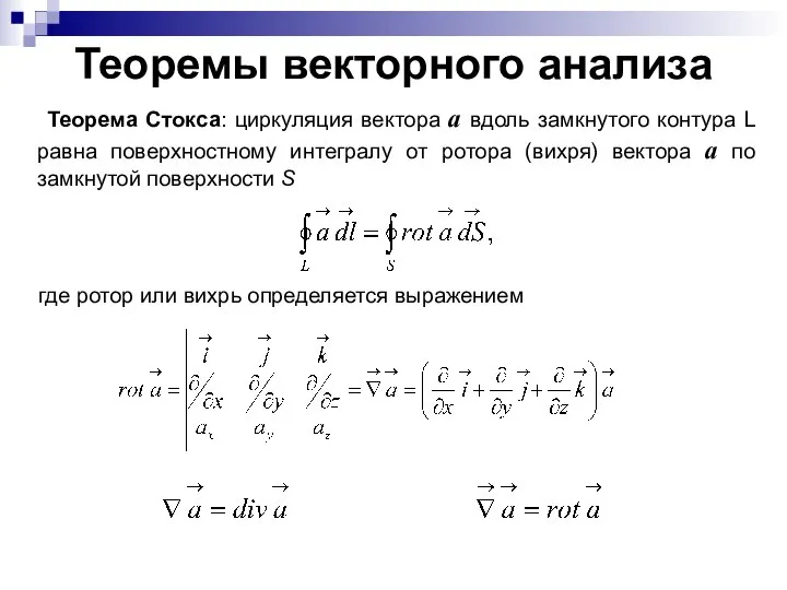 Теоремы векторного анализа Теорема Стокса: циркуляция вектора а вдоль замкнутого контура