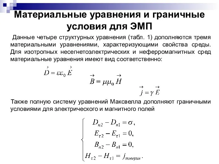 Материальные уравнения и граничные условия для ЭМП Данные четыре структурных уравнения