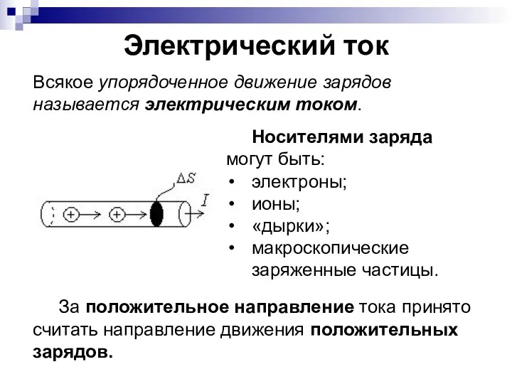 Электрический ток Носителями заряда могут быть: электроны; ионы; «дырки»; макроскопические заряженные