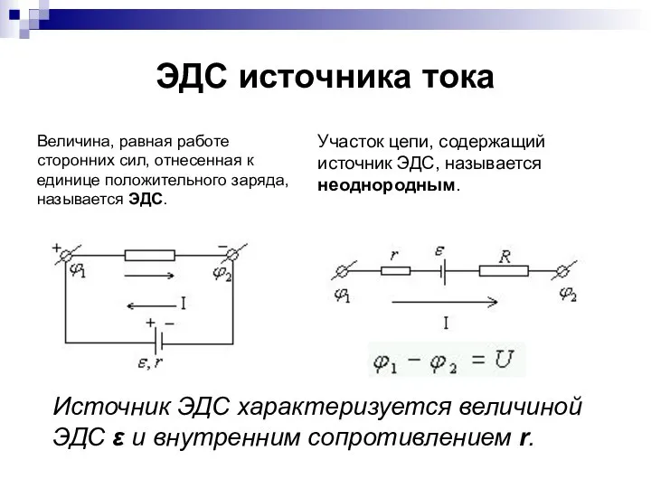 ЭДС источника тока Участок цепи, содержащий источник ЭДС, называется неоднородным. Величина,