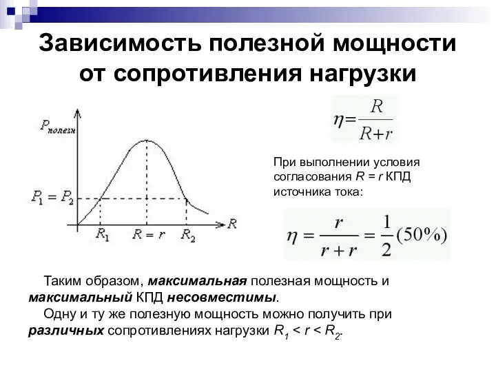 Зависимость полезной мощности от сопротивления нагрузки При выполнении условия согласования R