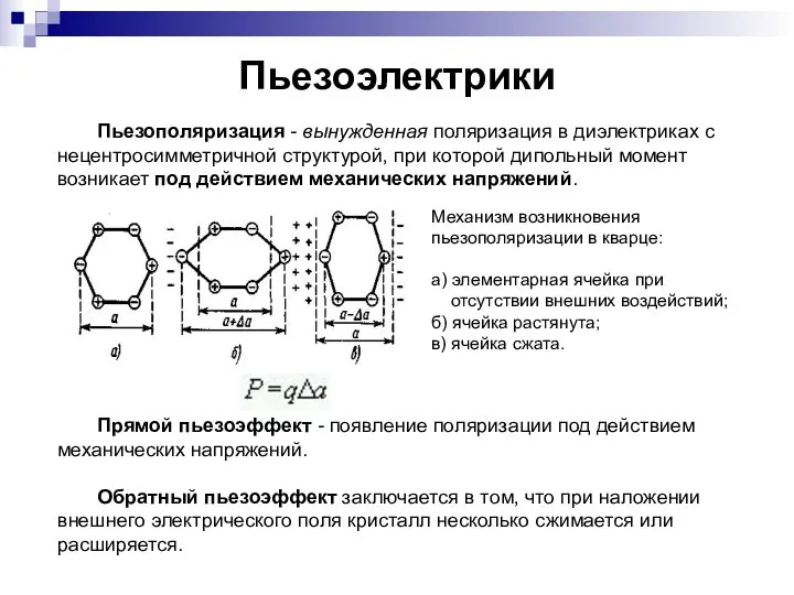 Пьезоэлектрики Пьезополяризация - вынужденная поляризация в диэлектриках с нецентросимметричной структурой, при