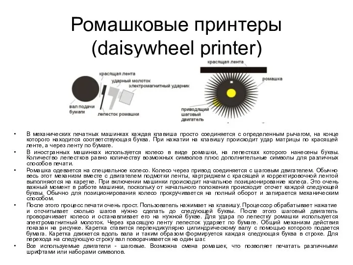 Ромашковые принтеры (daisywheel printer) В механических печатных машинках каждая клавиша просто