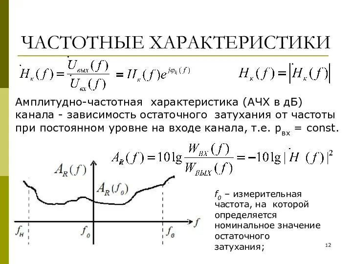 ЧАСТОТНЫЕ ХАРАКТЕРИСТИКИ Амплитудно-частотная характеристика (АЧХ в дБ) канала - зависимость остаточного