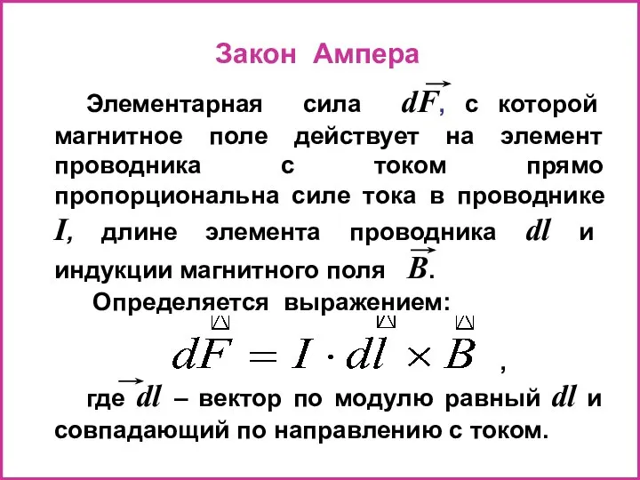 Закон Ампера Элементарная сила dF, с которой магнитное поле действует на