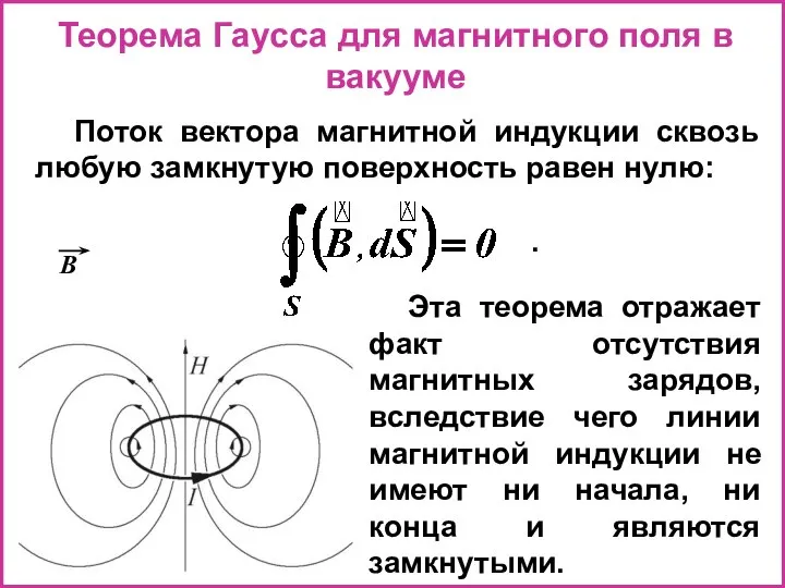 Теорема Гаусса для магнитного поля в вакууме Поток вектора магнитной индукции