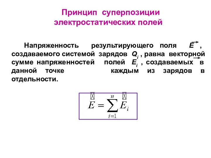 Принцип суперпозиции электростатических полей Напряженность результирующего поля E , создаваемого системой