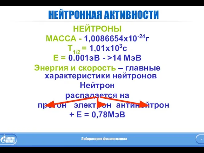 НЕЙТРОННАЯ АКТИВНОСТИ НЕЙТРОНЫ МАССА - 1,0086654х10-24г Т1/2 = 1,01х103с Е =