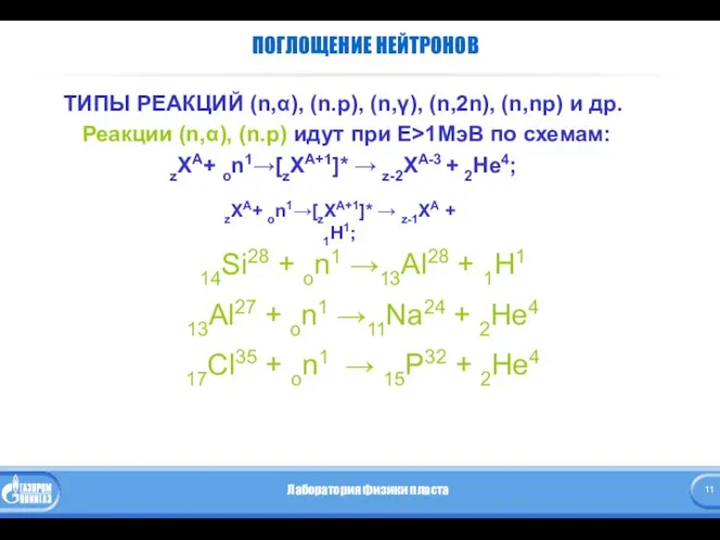 ПОГЛОЩЕНИЕ НЕЙТРОНОВ ТИПЫ РЕАКЦИЙ (n,α), (n.p), (n,γ), (n,2n), (n,np) и др.