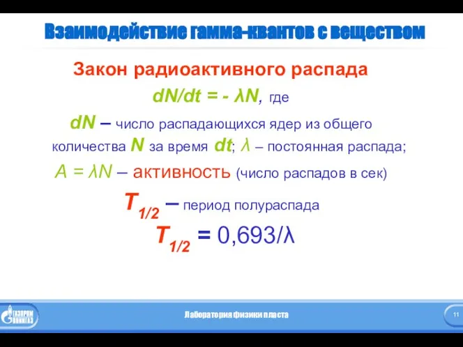 Взаимодействие гамма-квантов с веществом Закон радиоактивного распада dN/dt = - λN,