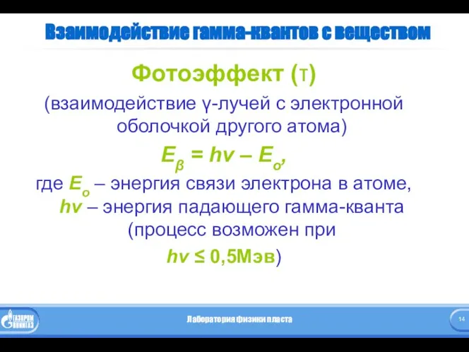 Взаимодействие гамма-квантов с веществом Фотоэффект (τ) (взаимодействие γ-лучей с электронной оболочкой