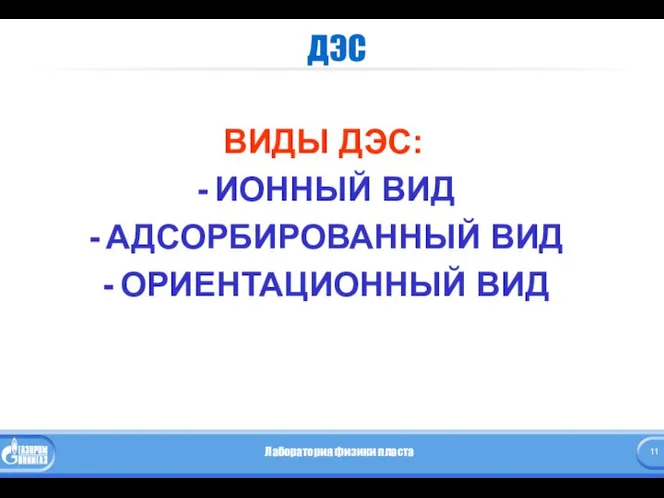 ДЭС ВИДЫ ДЭС: ИОННЫЙ ВИД АДСОРБИРОВАННЫЙ ВИД ОРИЕНТАЦИОННЫЙ ВИД