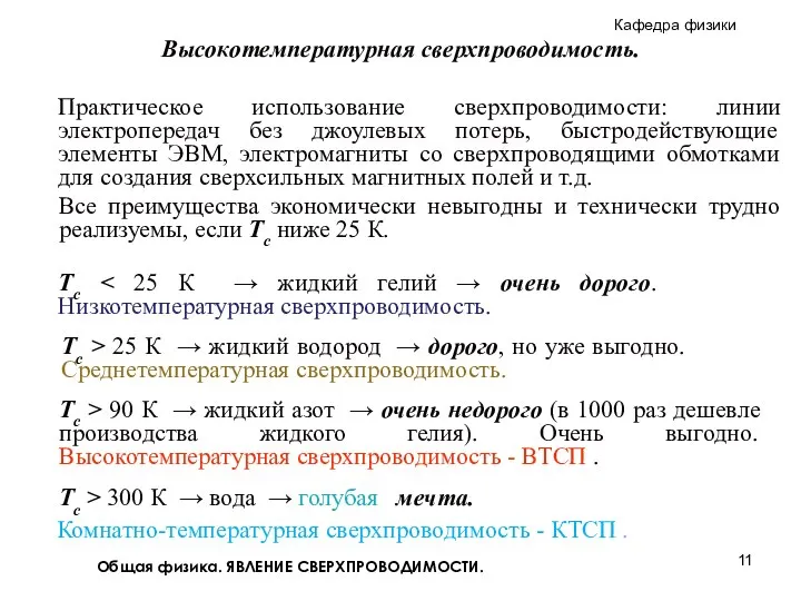 Общая физика. ЯВЛЕНИЕ СВЕРХПРОВОДИМОСТИ. Тс Высокотемпературная сверхпроводимость. Все преимущества экономически невыгодны