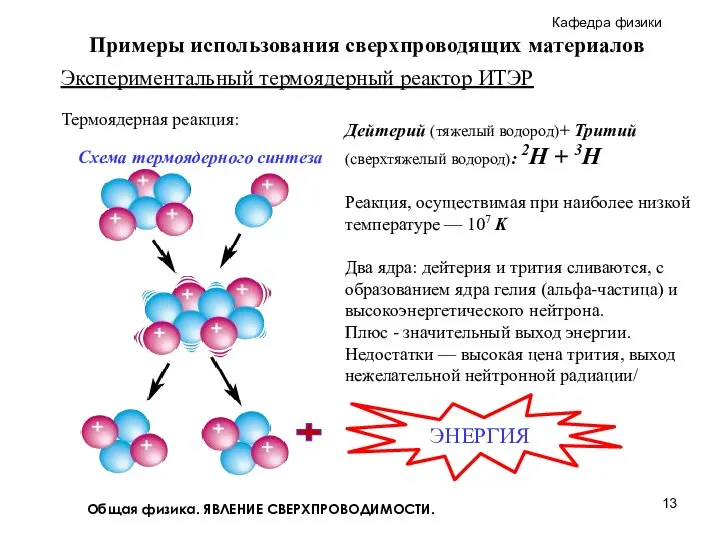 Общая физика. ЯВЛЕНИЕ СВЕРХПРОВОДИМОСТИ. Экспериментальный термоядерный реактор ИТЭР Термоядерная реакция: Примеры