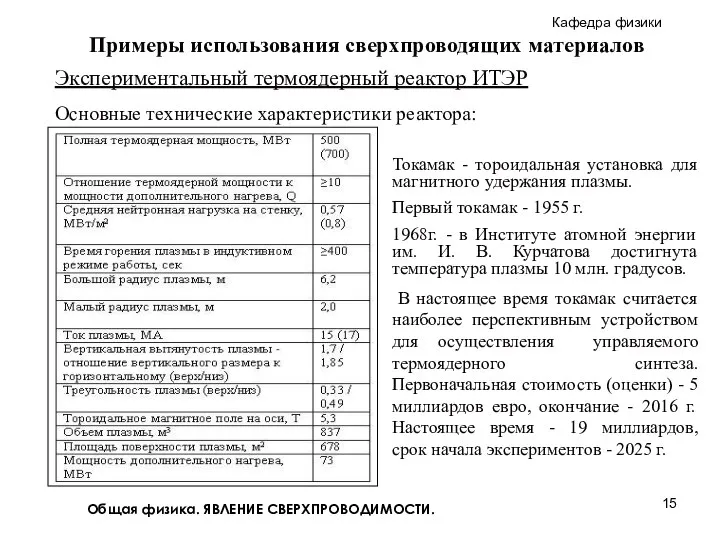 Общая физика. ЯВЛЕНИЕ СВЕРХПРОВОДИМОСТИ. Основные технические характеристики реактора: Токамак - тороидальная