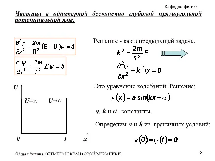 Частица в одномерной бесконечно глубокой прямоугольной потенциальной яме. Это уравнение колебаний.