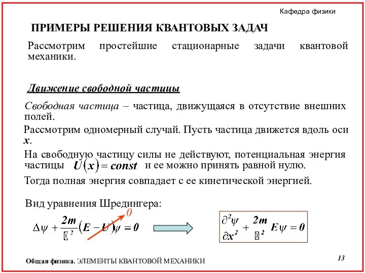 Рассмотрим простейшие стационарные задачи квантовой механики. Движение свободной частицы Свободная частица