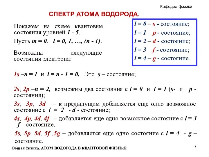 Общая физика. АТОМ ВОДОРОДА В КВАНТОВОЙ ФИЗИКЕ Покажем на схеме квантовые