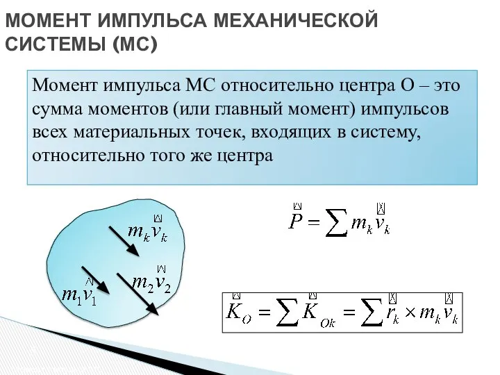 Момент импульса МС относительно центра О – это сумма моментов (или