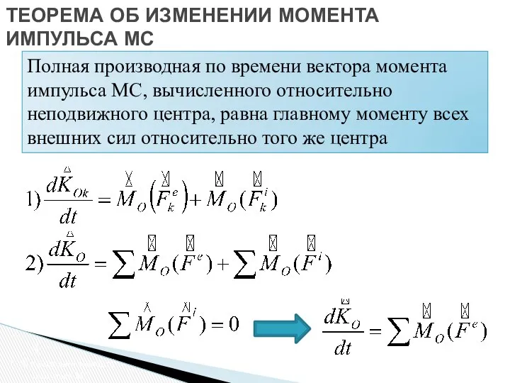 Полная производная по времени вектора момента импульса МС, вычисленного относительно неподвижного