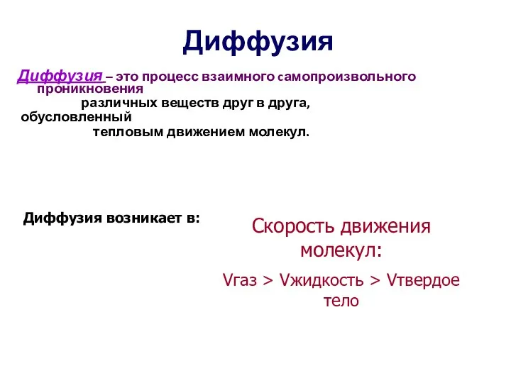 Диффузия Диффузия – это процесс взаимного cамопроизвольного проникновения различных веществ друг