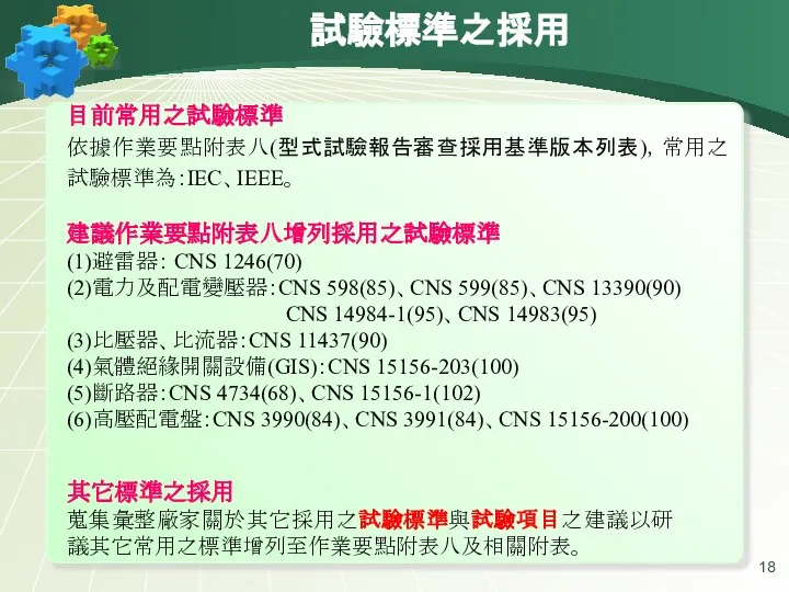 試驗標準之採用 目前常用之試驗標準 依據作業要點附表八(型式試驗報告審查採用基準版本列表)，常用之試驗標準為：IEC、IEEE。 建議作業要點附表八增列採用之試驗標準 (1)避雷器： CNS 1246(70) (2)電力及配電變壓器：CNS 598(85)、CNS 599(85)、CNS 13390(90)