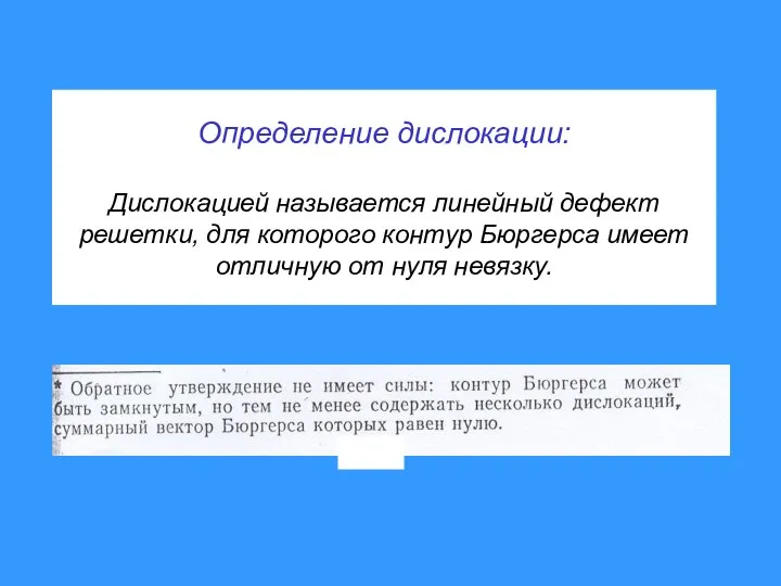 Определение дислокации: Дислокацией называется линейный дефект решетки, для которого контур Бюргерса имеет отличную от нуля невязку.