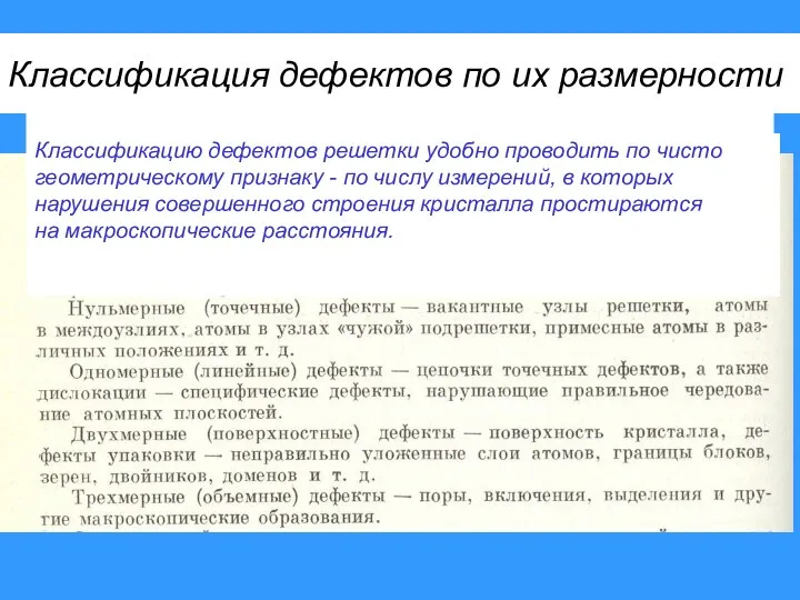 Классификация дефектов по их размерности Классификацию дефектов решетки удобно проводить по