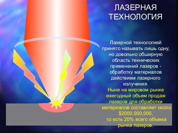 ЛАЗЕРНАЯ ТЕХНОЛОГИЯ Лазерной технологией принято называть лишь одну, но довольно обширную